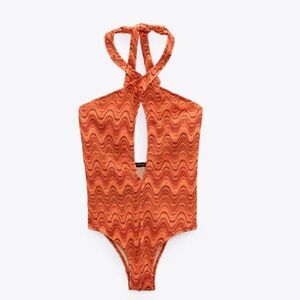 ZARA WAVE PRINT ORANGE HALTER SWIMSUIT SIZE XL